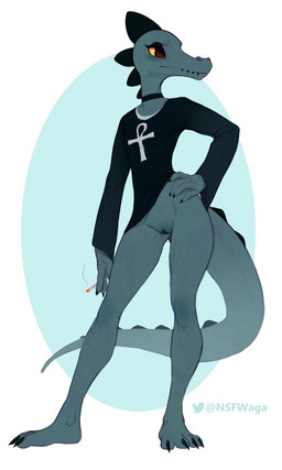 anthro black_clothing black_shirt black_topwear blue_body bottomless bottomless_anthro bottomless_female cigarette claws clothed clothing feet female front_view genitals hand_on_hip looking_away shirt solo standing tail toe_claws topwear vulva w4g4 night_in_the_woods bea_santello alligator alligatorid crocodilian reptile scalie 2022 absurd_res full-length_portrait hi_res portrait
