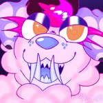 ambiguous_form ambiguous_gender big_fangs blue_nose cloud curled_hair eyelashes fangs hair highlights_(coloring) orange_eyes purple_ears solo spots teeth tusks floofybeanie bean_floofers canid canine canis domestic_dog mammal 1:1 headshot_portrait hi_res icon portrait