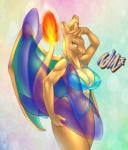 abstract_background anthro big_breasts bikini bra breasts charizard clothing dragon exposure_variation female fire flaming_tail generation_1_pokemon green_eyes huge_breasts inflatable_toy membrane_(anatomy) membranous_wings muscular muscular_anthro muscular_female mythological_creature mythological_scalie mythology navel nintendo non-mammal_breasts orange_body orange_skin pokemon pokemon_(species) pokemorph pose scalie simple_background smile solo swimwear tail tailzkim two-piece_swimsuit underwear wings