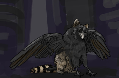 abstract_background ambiguous_gender avian_feet beak black_body black_eyes black_feathers black_fur brown_body brown_fur feathered_wings feathers feral fur markings multicolored_body outside paws sitting solo striped_body striped_fur striped_markings striped_tail stripes tail tail_markings wings heimeldat mythology avian bird corvid corvus_(genus) crocoon crow gryphon hybrid mammal mythological_avian mythological_creature oscine passerine procyonid raccoon english_description