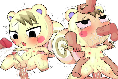 anal anthro balls blush bodily_fluids chibi erection fellatio flaccid fur genitals group group_sex human_on_anthro interspecies male male/male navel nipples oral penile penis sex solo_focus spitroast tears white_body white_fur davirook animal_crossing nintendo marshal_(animal_crossing) grey_squirrel human mammal rodent sciurid tree_squirrel 3:2