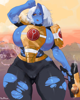 armor big_breasts big_butt blue_body blue_hair bodily_fluids bodysuit breasts butt butt_from_the_front camel_toe clothing female gun hair huge_breasts huge_hips huge_thighs ranged_weapon side_boob skinsuit solo sweat sweatdrop thick_thighs tight_clothing torn_bodysuit torn_clothing torn_skinsuit weapon white_hair wide_hips duffmox warhammer_(franchise) warhammer_40000 alien humanoid t'au_(warhammer) tyranid absurd_res hi_res