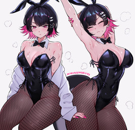 accessory bare_shoulders big_breasts black_bow_tie black_clothing black_hair black_leotard blush blush_lines bodily_fluids bow_tie breasts bunny_costume cleavage clothed clothing colored_nails costume duo eyes_closed fake_ears fake_rabbit_ears female fishnet_clothing fishnet_legwear fishnet_pantyhose hair hair_accessory hairclip highleg highleg_leotard jacket legwear leotard looking_at_viewer mole_under_eye nails navel_outline pantyhose pink_eyes pink_hair pink_nails raised_arms short_hair simple_background sitting strapless_clothing strapless_leotard stretching sweat sweaty_body tail text thick_thighs topwear white_background white_clothing white_jacket white_topwear wide_hips qiandaiyiyu mihoyo zenless_zone_zero ellen_joe animal_humanoid fish fish_humanoid humanoid marine marine_humanoid shark_humanoid digital_drawing_(artwork) digital_media_(artwork) hi_res url
