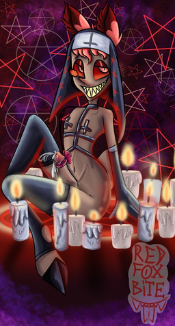 bdsm bodily_fluids bondage bound bow_ribbon candle clothing cum cumshot ears_up ejaculation genital_fluids genitals gloves handwear hooves humanoid_genitalia humanoid_penis legwear male nun nun_outfit pasties penis scut_tail sharp_teeth short_tail sitting solo stockings summoning_circle tail teeth redfoxbite hazbin_hotel hellaverse alastor_(hazbin_hotel) deer demon humanoid hybrid mammal hi_res