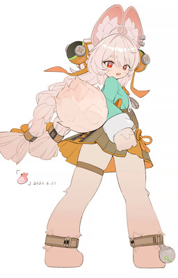 3_toes 5_fingers ahoge anklet anthro barefoot blush blush_lines braided_pigtails claws clothed clothed_anthro clothed_female clothing dress ear_piercing ear_ring feet female fingers flat_chested fully_clothed fully_clothed_anthro fully_clothed_female fur hair inner_ear_fluff jewelry looking_back paws piercing pink_body pink_fur pink_hair red_eyes ring_piercing scut_tail short_tail simple_background tail toes tuft white_background djh88683925 mihoyo zenless_zone_zero zhao_(zenless_zone_zero) lagomorph leporid mammal rabbit thiren 2026 absurd_res full-length_portrait hi_res portrait