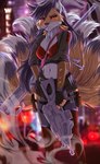 9_tails anthro black_hair breasts city city_background clothed clothing cyberpunk female fur gun hair head_fur multi_tail navel orange_body orange_fur ranged_weapon red_eyes rifle sniper_rifle solo tail weapon white_body white_fur soranihanabi foxxi canid canine fox fox_spirit mammal hi_res