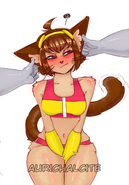 anthro bikini bikini_bralette blush brown_hair clothing embarrassed female hair inner_ear_fluff looking_up short_hair simple_background solo swimwear tuft two-piece_swimsuit white_background aurichalcite gameoverse glitch_productions kit_bodega domestic_cat felid feline felis mammal hi_res