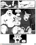 4:5 anthro balls barely_visible_balls barely_visible_genitalia bear bodily_fluids cabin canid canine canis clothed clothing comic coming_out dialogue english_text genitals greyscale hi_res inside male mammal misterstallion monochrome muscular nipples polar_bear romantic shirt shirtless stated_homosexuality stated_sexuality tears text topless topless_male topwear tunic ursine wolf