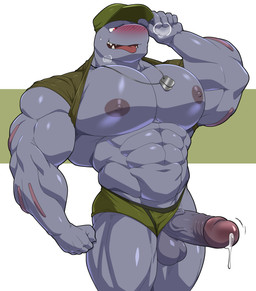 abs anthro areola balls barazoku biceps big_balls big_muscles big_penis blush bodily_fluids breath briefs clothed clothing clothing_aside deltoids dog_tags dripping erection foreskin genital_fluids genitals gesture glans hat headgear headwear huge_muscles humanoid_genitalia humanoid_penis kemono looking_at_viewer male military military_cap muscular muscular_anthro muscular_male narrowed_eyes navel nipples non-mammal_balls non-mammal_nipples obliques open_mouth open_smile pecs penis penis_poking_out precum precum_drip precum_string raised_clothing raised_shirt raised_topwear salute serratus shirt shirt_behind_head simple_background smile solo standing sweat sweatdrop teeth thick_arms thick_penis thick_thighs tongue tongue_out topwear underwear underwear_aside vein maldu nintendo pokemon generation_1_pokemon machoke pokemon_(species) 2025 absurd_res hi_res