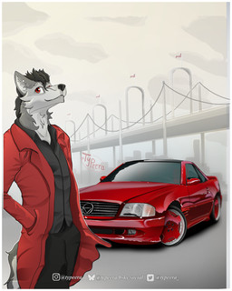 anthro black_hair border bridge car cheek_tuft city cityscape clothing facial_markings facial_tuft fangs fluffy fluffy_tail fur grey_body grey_fur hair head_markings jacket male markings neck_tuft piercing r129 red_clothing red_eyes simple_background sl-class solo suit_jacket tail teeth topwear tuft vehicle white_border typeera mercedes-benz canid canine canis mammal wolf 4:5 absurd_res hi_res