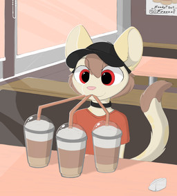 anthro baseball_cap beverage black_collar brown_hair clothed clothing coffee coffee_shop collar drinking female fur hair hat headgear headwear pink_nose red_eyes shirt solo spots tail tan_body tan_fur tan_tail text topwear young young_female rilium domestic_cat felid feline felis mammal english_text hi_res