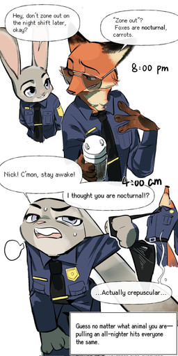 4_fingers anthro bodily_fluids brown_body brown_fur clothed clothing dialogue duo eyewear female female_anthro fingers fur green_eyes grey_body grey_fur male male_anthro multicolored_body multicolored_fur necktie open_mouth orange_body orange_fur police police_uniform purple_eyes sharp_teeth speech_bubble sunglasses sweat tan_body tan_fur teeth text uniform butterfish8199 disney zootopia judy_hopps nick_wilde canid canine european_rabbit fox lagomorph leporid mammal oryctolagus rabbit red_fox true_fox 1:2 english_text hi_res