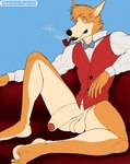 anthro balls barefoot big_balls big_penis blush bottomwear bow_tie clothing collared_shirt curling_toes dress_shirt feet flaccid foreskin formal_clothing fur furniture genitals half_naked looking_at_viewer male orange_body orange_fur pants penis perspective relaxing saggy_balls shirt simple_background slim_anthro slim_male smoke smoking smoking_pipe smoking_smoking_pipe sofa solo spread_legs spreading suit tan_body tan_fur toes topwear vein veiny_penis depictionexpress sherlock_hound canid canine canis domestic_dog mammal hi_res