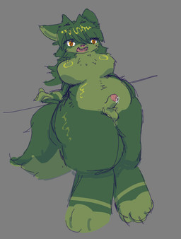 anthro balls belly big_belly big_breasts biped bodily_fluids breasts featureless_breasts fur genital_fluids genitals glistening glistening_body green_body green_fur gynomorph hair humanoid_genitalia humanoid_penis intersex multicolored_body nude open_mouth orange_eyes overweight overweight_anthro penis precum simple_background solo tail thick_thighs two_tone_body nofood_nodrinks canid canine mammal 2026 digital_media_(artwork) magma_(artwork)