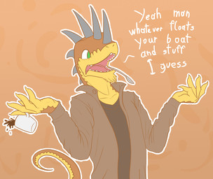 anthro beverage clothed clothing coffee container cup cutlery dialogue facial_hair food gesture goatee green_eyes holding_container holding_cup holding_object horn jacket kitchen_utensils male shrug solo spoon tail teeth text tongue tools topwear vader-san vader_(vader-san) lizard reptile scalie english_text reaction_image