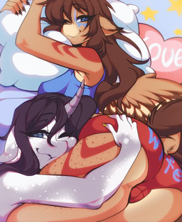 5_fingers anthro butt camel_toe clothing duo eyebrows female fingers hair horn looking_at_viewer one_eye_closed pillow red_clothing tail wings tolsticot hasbro i'm_this_clingy my_little_pony mythology ondrea_(ondrea) equid equine mammal mythological_creature mythological_equine pegasus unicorn 2026 animated