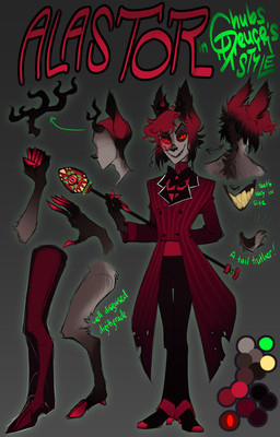 anthro antlers chubs_deuce clothing holding_object holding_staff hooves horn male red_clothing red_eyes red_fingers smile solo staff standing tail unguligrade hazbin_hotel hellaverse alastor_(hazbin_hotel) cervine deer mammal hi_res model_sheet
