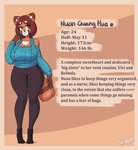 big_breasts breasts brown_eyes brown_hair clothing female hair heart_symbol ribbed_clothing ribbed_sweater solo sweater text topwear skecchiart nuan_(skecchiart) ailurid mammal red_panda english_text hi_res model_sheet shaded soft_shading