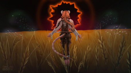 anthro armor belt eclipse female grain_field hair long_hair melee_weapon pink_hands rat_ears rat_tail solo sword sword_on_the_back tail weapon rory_vwv arthropod beetle elateroid firefly insect mammal murid murine rat rodent hi_res