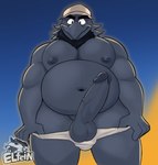 anthro balls beak beard big_balls big_pecs big_penis black_beak black_beard black_body black_eyebrows black_facial_hair black_fur black_nipples clothed clothing erection eyebrows facial_hair fur genitals hat headgear headwear humanoid_genitalia humanoid_penis looking_at_viewer male musclegut muscular muscular_arms muscular_male navel nipples partially_clothed pecs penis presenting slightly_chubby solo underwear underwear_down vein veiny_penis elfein andres_(elfein) avian bird corvid corvus_(genus) crow oscine passerine hi_res