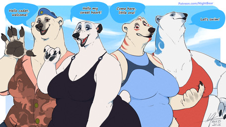 5_fingers anthro beckoning big_breasts black_nose breasts camo clothed clothed_anthro clothed_female clothing dialogue dress eyelashes female fingers freckled_face freckles fur gesture greeting group hat headgear headwear humanoid_hands leotard long_eyelashes o-ring one-piece_swimsuit shirt smile speech_bubble swimwear tear_trough text topwear white_body white_fur nnightbear_b ursa_clara_(nnightbear_b) bear mammal polar_bear ursine 16:9 english_text hi_res widescreen