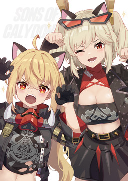ahoge animal_ears belt big_breasts black_bottomwear black_clothing black_crop_top black_gloves black_handwear black_shirt black_skirt black_topwear blonde_hair blush bottomwear breasts cleavage clothed clothing crop_top duo eyewear eyewear_on_head female fluffy_ears glasses glasses_on_head glistening glistening_hair gloves hair hair_between_eyes handwear humanoidized jacket leather leather_clothing leather_jacket leather_topwear long_hair mouth_mask multi_ear navel one_eye_closed open_mouth paw_pose pose red_eyes shirt short_hair simple_background skirt small_breasts sparkles spiked_belt spikes teeth topwear white_background young young_female young_humanoid miminming mihoyo zenless_zone_zero burnice_white luciana_de_montefio animal_humanoid cat_humanoid felid felid_humanoid feline feline_humanoid humanoid mammal mammal_humanoid hi_res