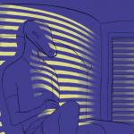 anthro bed bedroom biped blinds clothed clothing furniture inside light shadow shirt sitting solo topwear under_shade undershirt underwear window_shade feazelbal reptile scalie 1:1 blue_theme digital_media_(artwork) flat_colors hi_res sketch