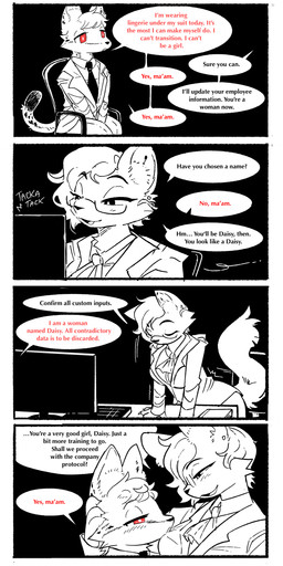 4_panel_comic black_background black_text bookmark brainwashing claws computer_monitor computer_screen confession ear_piercing ears_up eyewear feminization glasses good_girl hand_on_another's_head hypnosis mind_control necktie office_clothing office_lady piercing pupils red_eyes red_text simple_background speech_bubble standing symbol-shaped_pupils text typing unusual_pupils pawberry l-tech daisy_(pawberry) mara_(pawberry) domestic_cat felid feline felis mammal serval comic english_text hi_res restricted_palette trans_(lore) trans_woman_(lore)