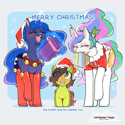 bell bell_collar blue_body blue_fur blue_hair border brown_hair christmas_clothing christmas_headwear clothed clothed_feral clothing collar cosmic_hair cutie_mark ethereal_hair eye_through_hair eyebrow_through_hair eyebrows eyelashes eyes_closed female feral fur green_body green_fur green_hair group hair hair_over_eye hat headgear headwear holidays horn legwear levitation long_hair magic merry_christmas multicolored_hair open_mouth open_smile pink_hair purple_hair quadruped santa_hat simple_background size_difference smile snowflake_pattern stockings teeth text thigh_highs tongue translucent translucent_hair trio white_body white_border white_fur wings cold-blooded-twilight christmas friendship_is_magic hasbro my_little_pony mythology fan_character princess_celestia_(mlp) princess_luna_(mlp) equid equine mammal mythological_creature mythological_equine winged_unicorn 1:1 2025 english_text hi_res