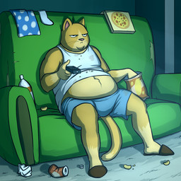 anthro beverage biped bottomwear chips_(food) clothed clothing controller eating food footwear frown fur furniture grumpy male obese obese_anthro obese_male overweight overweight_anthro overweight_male pizza plantigrade remote_control shirt shoes shorts sitting slippers slob soda sofa solo tank_top topwear trash whiskers yellow_body yellow_fur kostos_art domestic_cat felid feline felis mammal 1:1 digital_media_(artwork) hi_res