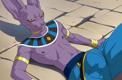 anthro bulge clothing erection erection_under_clothing male nipples solo zimakum dragon_ball dragon_ball_super beerus hi_res