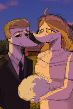 ahoge anthro armwear big_breasts black_eyes black_tie_(suit) blonde_hair bouquet breasts clothing dress duo elbow_gloves female flower flower_bouquet freckled_chest freckled_face freckles gloves grey_body grey_scales hair handwear husband husband_and_wife long_hair looking_at_viewer male male/female married_couple outside photo_background plant scales short_hair smile snout suit wedding wedding_dress white_clothing white_eyes white_gloves white_handwear wife yellow_sclera joebamna cavemanon_studios snoot_game aimo_(snoot_game) tarja_(snoot_game) dinosaur prehistoric_species reptile saurischian scalie theropod troodon troodontid 2025 absurd_res digital_drawing_(artwork) digital_media_(artwork) hi_res photography_(artwork)