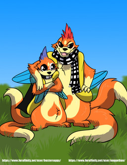2_tails 3_fingers 3_toes ambiguous_gender biped blue_background blue_fin blue_fins cape cape_only cheek_tuft clothing duo facial_tuft feet feral fingers fur grass long_tail mostly_nude multi_tail orange_body orange_fur orange_tail outside plant scarf scarf_only simple_background size_difference standing tail text toes tuft nugget_kun nintendo pokemon taiga_zoreyn_(kodakobalian) floatzel generation_4_pokemon pokemon_(species) hi_res url