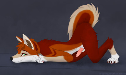 all_fours animal_genitalia animal_penis anthro ass_up balls biped black_claws brown_inner_ear_fluff canine_genitalia canine_penis claws erection fur genitals green_eyes hair inner_ear_fluff knot long_hair looking_back male multicolored_body multicolored_fur orange_body orange_hair orange_tail pawpads paws penis pink_pawpads pink_penis pupils raised_tail red_body sheath side_view solo tail tuft white_hands white_tail red_the_kitsune canid canine canis mammal red_wolf wolf 2026 digital_media_(artwork) full-length_portrait hi_res portrait shaded watermark