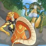 anthro armor athletic athletic_female bandeau big_breasts bottomwear breasts butt clothing detailed_background duo face_veil feet female forked_tongue green_body head_tilt holding_animal huge_breasts humanoid_feet humanoid_hands loincloth looking_at_viewer non-mammal_breasts orange_body plant plantigrade pond raised_tail red_sclera rock scales sitting sky snake_hood spread_legs spreading tail thick_thighs tiptoes tongue topwear tree veil yellow_sclera krowbutt european_mythology greek_mythology mythology tournament_of_legends x-com narcia cobra gorgon humanoid legged_snake reptile scalie snake viper_(x-com) 1:1 digital_media_(artwork)