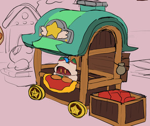 bag clothed clothed_male clothing crate duo featureless_arms featureless_feet feet handwear male mittens noseless orange_clothing orange_eyes orange_handwear orange_mittens outside red_body robe sign standing vehicle wagon white_clothing white_robe critterzone13 kirby_(series) nintendo kirby magolor alien felid mammal waddling_head 2023 colored colored_line_art colored_sketch digital_drawing_(artwork) digital_media_(artwork) english_description shaded sketch