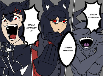 accessory black_hair clothing crossed_arms dialogue domain_expansion eyeless fangs female formal_wear fur grey_body grey_fur group hair hair_accessory horn long_hair male open_mouth red_eyes ribs short_hair teeth topwear vest yelling xystian jujutsu_kaisen xystian_(character) felid feline humanoid mammal xye comic redraw