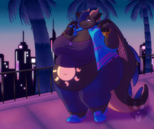 anthro belly big_belly big_breasts biped black_body black_fur blue_clothing blue_footwear blue_jacket blue_shoes blue_sneakers blue_topwear bottomwear breasts cellphone city city_background clothed clothing eating electronics female female_anthro fingerless_(marking) food footwear freckled_face freckles fur holding_cellphone holding_object holding_phone holding_smartphone jacket looking_at_cellphone looking_at_object looking_at_phone markings navel obese obese_anthro obese_female open_clothing open_jacket open_topwear overweight overweight_anthro overweight_female palm_tree pants phone pizza plant purple_bottomwear purple_clothing purple_pants purple_topwear shoes smartphone sneakers solo sun_(marking) tail thick_tail thick_thighs topwear tree strawberrymilkdog mythology iris_(frenchiekrueger) dragon furred_dragon furred_scalie mythological_creature mythological_scalie scalie 2023 colored hi_res shaded