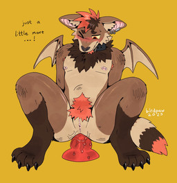 4_toes >_o anal anal_fluids anal_penetration anthro armpit_hair bat_wings big_pubes black_collar blush bodily_fluids body_hair brown_body brown_ears brown_fur brown_hair brown_tail brown_wings cheek_tuft collar collar_only countershade_fur countershading crouching dialogue dildo dildo_in_ass dildo_insertion dipstick_tail ear_piercing ear_ring facial_tuft feet front_view fur hair highlights_(coloring) leg_markings looking_down male markings membrane_(anatomy) membranous_wings multicolored_hair nipple_piercing nipples nude nude_anthro nude_male nullo object_in_ass one_eye_closed penetration piercing pink_inner_ear pink_nipples pubes red_armpit_hair red_dildo red_eyes red_hair red_highlights red_pubes red_tail red_tail_tip ring_piercing sex_toy sex_toy_in_ass sex_toy_insertion simple_background socks_(marking) solo tail tail_markings tan_body tan_countershading tan_membrane tan_tail tan_wings teeth text toes tuft two_tone_hair wings yellow_background yellow_sclera birdpaw_(artist) bat mammal megabat 2025 digital_drawing_(artwork) digital_media_(artwork) english_text full-length_portrait hi_res portrait shaded