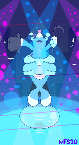 blue_body bow_(feature) bow_accessory breasts bubble cane circus cleavage clothed clothing ear_bow female hat headgear headwear lights night performance solo swimming_pool water matchesyashi nintendo pokemon brionne generation_7_pokemon pokemon_(species) 2020