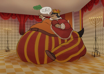 belly big_belly black_hair burp_cloud burping crown dialogue food fur hair headgear huge_belly king male meat morbidly_obese morbidly_obese_male obese obese_male overweight overweight_male royalty tan_body tan_fur text sodiux canid canine canis domestic_dog mammal hi_res