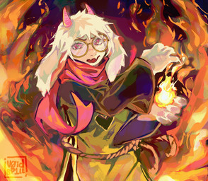 2_horns anthro biped blush blush_lines clothed clothing cute_fangs detailed_background elemental_manipulation eyewear fangs fire fire_manipulation floppy_ears fluffy fur glasses green_pupils heart_symbol horn logo magic male male_anthro pink_eyes pink_horn pupils scarf serious snout solo teeth text wearing_glasses white_body white_fur v0id_sp1ll deltarune undertale_(series) ralsei bovid caprine darkner goat mammal 2026 artist_logo artist_name digital_drawing_(artwork) digital_media_(artwork) english_description hi_res