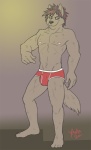 abstract_background anthro barefoot biceps black_hair black_nose briefs briefs_only brown_body brown_fur bulge clothed clothing colored_seam_underwear detailed_bulge feet fur genital_outline hair looking_at_viewer male muscular muscular_anthro muscular_male nipples pecs penis_outline red_briefs red_clothing red_eyes red_hair red_underwear simple_background smile solo tail topless underwear underwear_only white_seam_briefs white_seam_underwear wolfyama canid canine canis mammal wolf