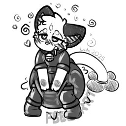 ambiguous_gender anthro bell bell_collar black_ears blush blush_lines bodily_fluids clothed clothing collar diaper diaper_under_clothing diaper_under_latex drooling facial_markings feces hand_on_diaper head_markings heart_eyes heart_symbol latex latex_clothing latex_skinsuit makeup markings mascara open_mouth open_smile pooping saliva simple_background skinsuit smile soiled_diaper soiling soiling_diaper solo sound_effects spiral standing tail teeth tight_clothing touching_diaper unclean_diaper used_diaper using_diaper vowelless vowelless_sound_effect wearing_diaper white_background ludis-luteo luster_(luckyluster) domestic_cat felid feline felis mammal 1:1 2025 full-length_portrait greyscale monochrome portrait signature