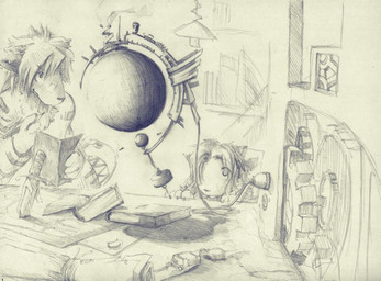 anthro book clothed clothing detailed_background dual_holding duo eyewear goggles hair holding_book holding_object holding_pencil holding_writing_utensil knife male pencil_(object) planted_weapon science scientific_experiment teaching toony writing_utensil mr_dog canid canine canis domestic_dog mammal detailed graphite_(artwork) greyscale monochrome sketch traditional_media_(artwork)
