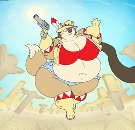 anthro belly belly_expansion belt big_belly big_breasts black_hair body_inflation boots bottomwear breast_expansion breasts clothing crop_top deep_navel expansion female footwear fur gloves gun hair handwear hat headgear headwear huge_breasts inflation jacket multicolored_body multicolored_fur navel ranged_weapon shirt shoes shorts solo sun tan_body tan_fur thick_thighs thigh_expansion topwear tube two_tone_body two_tone_fur weapon wild_west virus-20 june_coyote canid canine canis coyote mammal 2024 digital_media_(artwork) hi_res