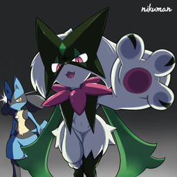 3_fingers ambiguous_gender anthro black_body black_fur blue_body blue_ears blue_fur blue_tail claws cute_fangs duo fangs finger_claws fingers flower_(anatomy) fur green_body green_fur looking_at_viewer mask open_mouth pawpads paws pink_eyes pink_nose spikes tail teeth yellow_body yellow_eyes yellow_fur niku1441 nintendo pokemon generation_4_pokemon generation_9_pokemon lucario meowscarada pokemon_(species) 1:1 2026 hi_res