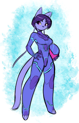 antennae_(anatomy) anthro armor blue_highlights bodysuit clothing color_sketch emotionless female fur hair hand_on_hip headgear helmet highlights_(coloring) holding_armor holding_headgear holding_helmet holding_object latex latex_clothing latex_skinsuit pink_visor purple_body purple_eyes purple_fur purple_hair side_eye_at_viewer skinsuit solo therrian tight_clothing watercolor_background anonymous_artist vibra_matsuri_(nickzilla) felid feline mammal absurd_res hi_res