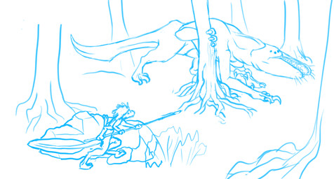 4_arms 4_eyes ambiguous_gender anthro biped claws duo feral hair holding_melee_weapon holding_object holding_polearm holding_spear holding_weapon larger_ambiguous larger_feral melee_weapon multi_arm multi_eye multi_limb outside plant polearm quadruped rock size_difference smaller_ambiguous smaller_anthro spear tail tree weapon darth_biomech alien raharr 2022 blue_and_white monochrome sketch
