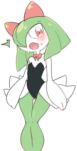 ambiguous_gender blush blush_lines bodily_fluids bow_ribbon clothing featureless_legs green_legs horn knock-kneed leotard looking_down mitten_hands open_mouth pink_bow pink_eyes pseudo_hair simple_background solo standing sweat sweatdrop white_background white_body white_hands white_sclera yakiniku628 nintendo pokemon generation_3_pokemon humanoid kirlia pokemon_(species) colored hi_res